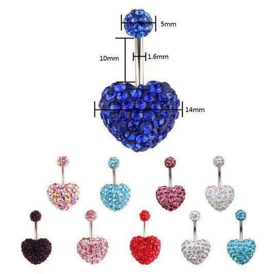14G Pavé Crystal Heart Belly Button Ring – 316L Surgical Steel