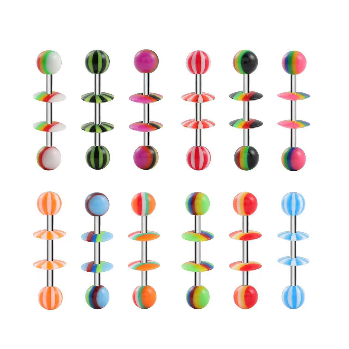 14G Striped Acrylic Candy Disc Tongue Barbell – 16mm