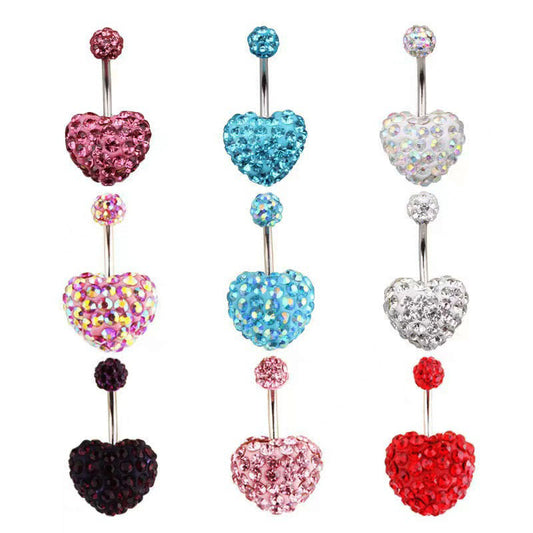 14G Pavé Crystal Heart Belly Button Ring – 316L Surgical Steel