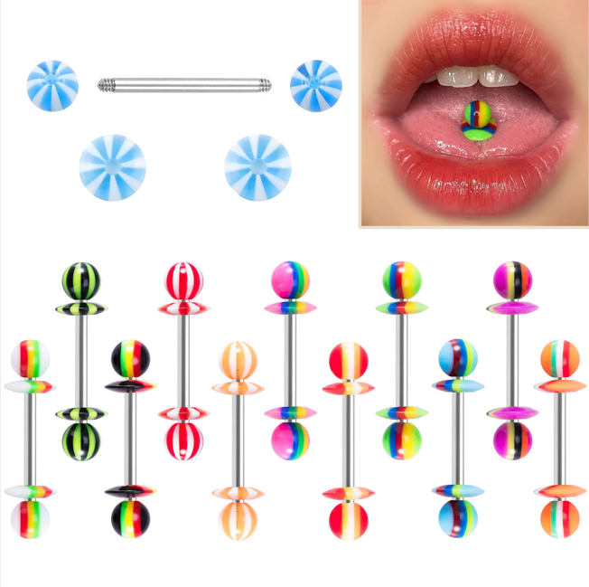 14G Striped Acrylic Candy Disc Tongue Barbell – 16mm